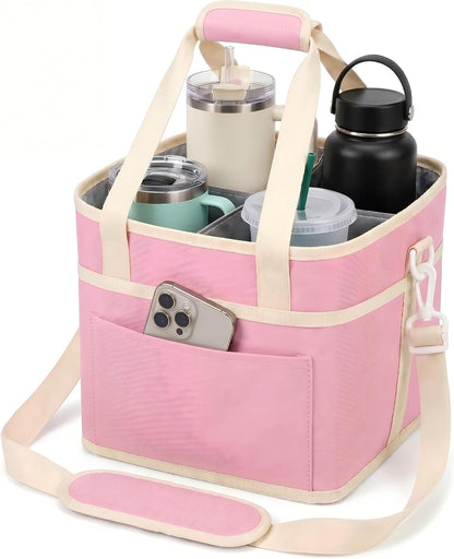 Drink Carrier Bag 4-Compartment Insulated Caddy Tote with Handle & Strap | No-tip base, splash-proof lining, holds 4 cups. Perfect for family trips & sports.