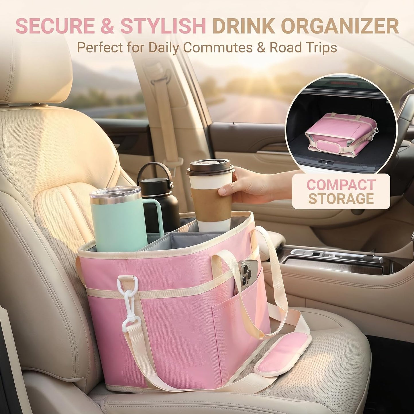 Drink Carrier Bag 4-Compartment Insulated Caddy Tote with Handle & Strap | No-tip base, splash-proof lining, holds 4 cups. Perfect for family trips & sports.