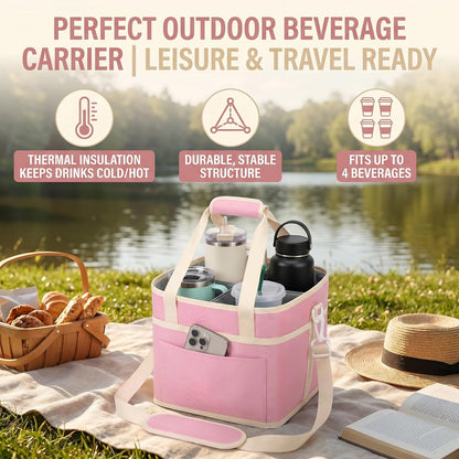 Drink Carrier Bag 4-Compartment Insulated Caddy Tote with Handle & Strap | No-tip base, splash-proof lining, holds 4 cups. Perfect for family trips & sports.