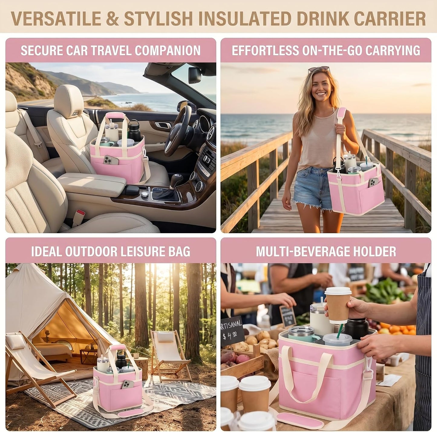 Drink Carrier Bag 4-Compartment Insulated Caddy Tote with Handle & Strap | No-tip base, splash-proof lining, holds 4 cups. Perfect for family trips & sports.