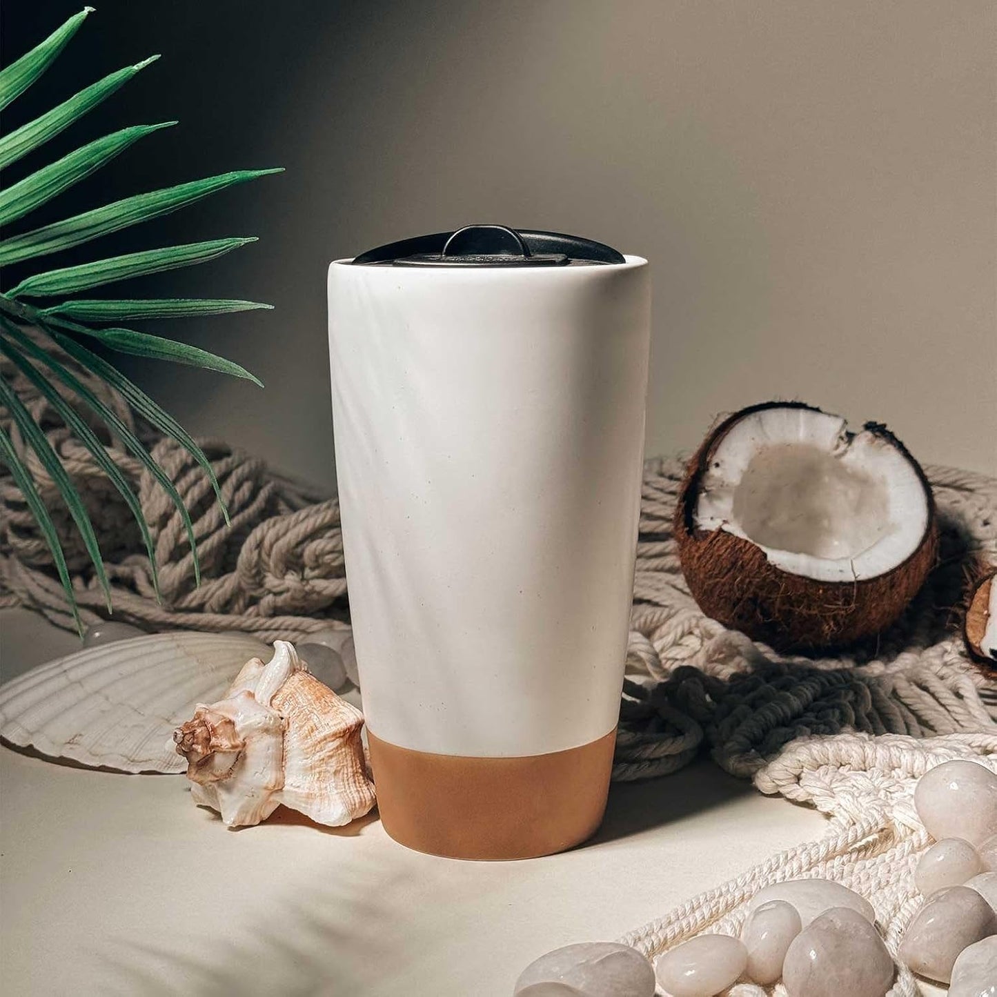 Double Wall Ceramic Coffee Travel Mug with Lid, 14 oz, Portable, Microwave, Dishwasher Safe, Insulated Reusable Tall Cup, Splash Resistant Lid - To Go Tumbler for Car Cup Holder, Dusty Blue