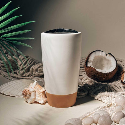 Double Wall Ceramic Coffee Travel Mug with Lid, 14 oz, Portable, Microwave, Dishwasher Safe, Insulated Reusable Tall Cup, Splash Resistant Lid - To Go Tumbler for Car Cup Holder, Dusty Blue