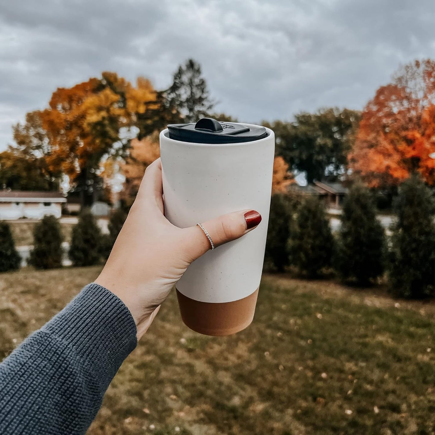 Double Wall Ceramic Coffee Travel Mug with Lid, 14 oz, Portable, Microwave, Dishwasher Safe, Insulated Reusable Tall Cup, Splash Resistant Lid - To Go Tumbler for Car Cup Holder, Dusty Blue
