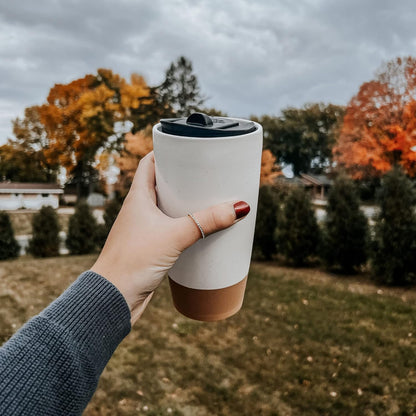 Double Wall Ceramic Coffee Travel Mug with Lid, 14 oz, Portable, Microwave, Dishwasher Safe, Insulated Reusable Tall Cup, Splash Resistant Lid - To Go Tumbler for Car Cup Holder, Dusty Blue