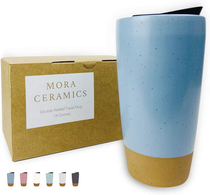 Double Wall Ceramic Coffee Travel Mug with Lid, 14 oz, Portable, Microwave, Dishwasher Safe, Insulated Reusable Tall Cup, Splash Resistant Lid - To Go Tumbler for Car Cup Holder, Dusty Blue