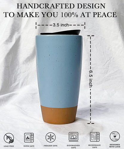 Double Wall Ceramic Coffee Travel Mug with Lid, 14 oz, Portable, Microwave, Dishwasher Safe, Insulated Reusable Tall Cup, Splash Resistant Lid - To Go Tumbler for Car Cup Holder, Dusty Blue