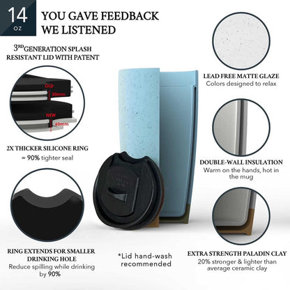 Double Wall Ceramic Coffee Travel Mug with Lid, 14 oz, Portable, Microwave, Dishwasher Safe, Insulated Reusable Tall Cup, Splash Resistant Lid - To Go Tumbler for Car Cup Holder, Dusty Blue