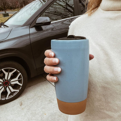 Double Wall Ceramic Coffee Travel Mug with Lid, 14 oz, Portable, Microwave, Dishwasher Safe, Insulated Reusable Tall Cup, Splash Resistant Lid - To Go Tumbler for Car Cup Holder, Dusty Blue