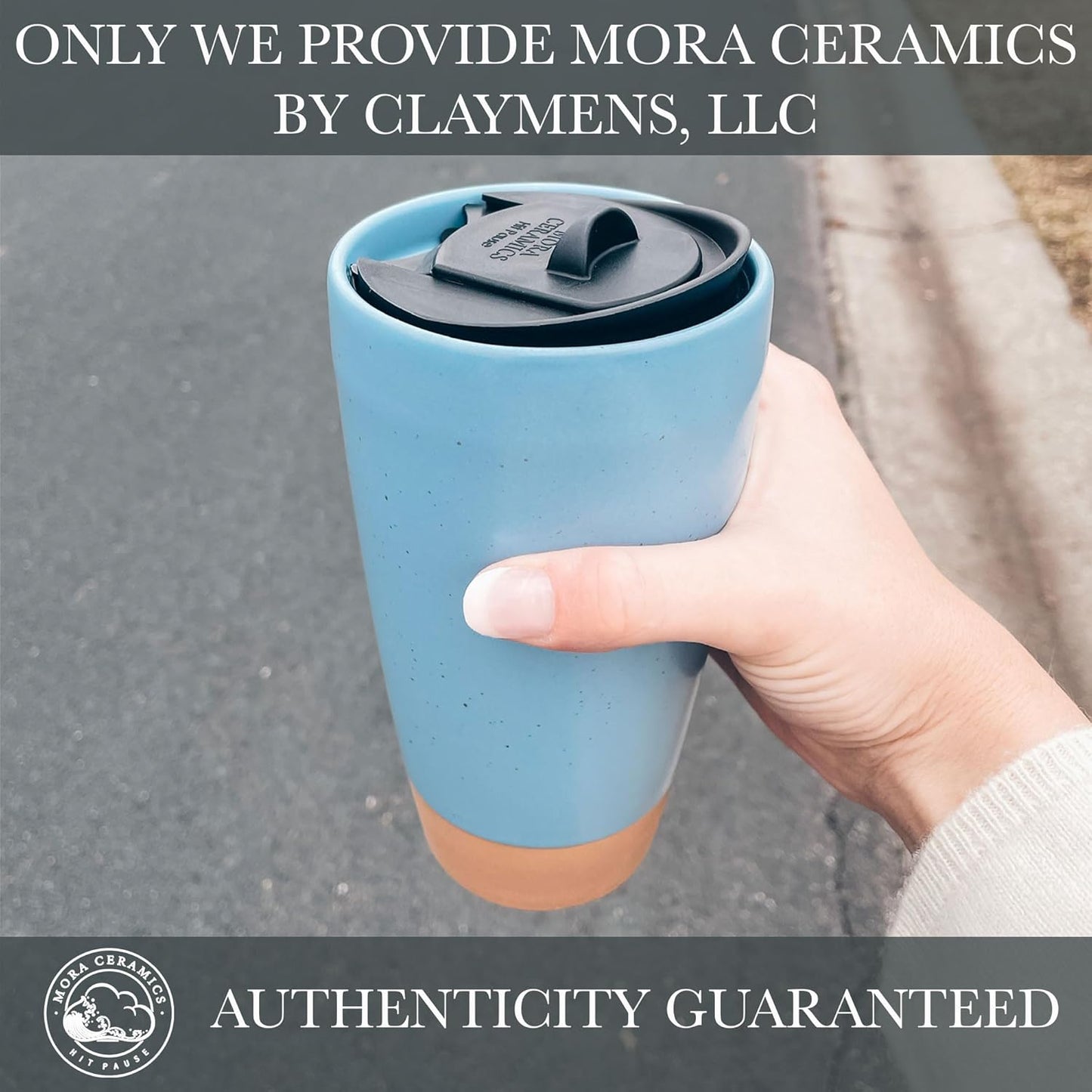 Double Wall Ceramic Coffee Travel Mug with Lid, 14 oz, Portable, Microwave, Dishwasher Safe, Insulated Reusable Tall Cup, Splash Resistant Lid - To Go Tumbler for Car Cup Holder, Dusty Blue