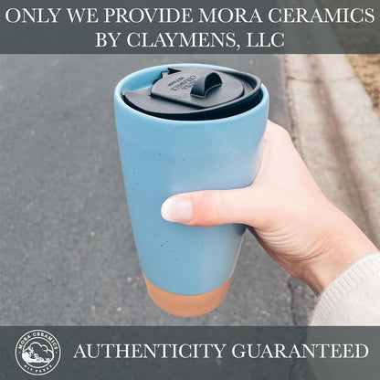 Double Wall Ceramic Coffee Travel Mug with Lid, 14 oz, Portable, Microwave, Dishwasher Safe, Insulated Reusable Tall Cup, Splash Resistant Lid - To Go Tumbler for Car Cup Holder, Dusty Blue