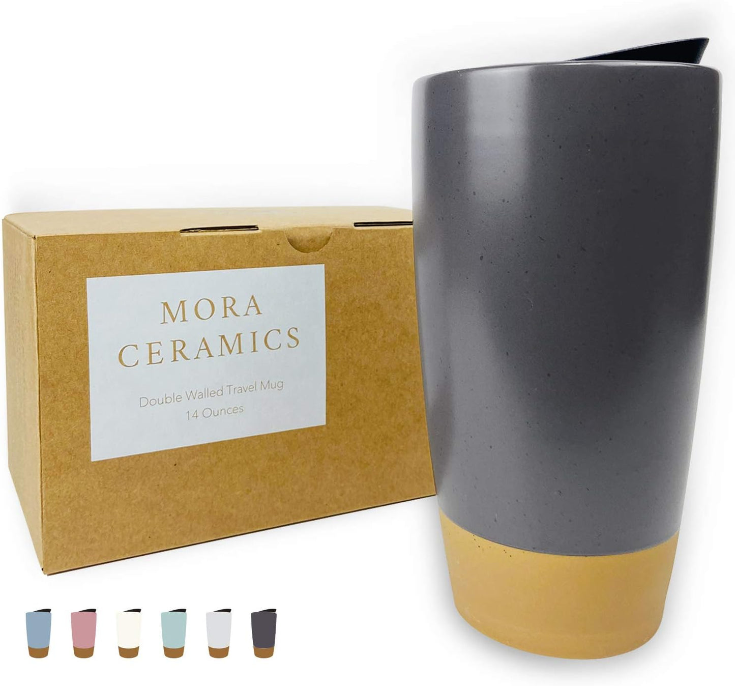 Double Wall Ceramic Coffee Travel Mug with Lid, 14 oz, Portable, Microwave, Dishwasher Safe, Insulated Reusable Tall Cup, Splash Resistant Lid - To Go Tumbler for Car Cup Holder, Dusty Blue