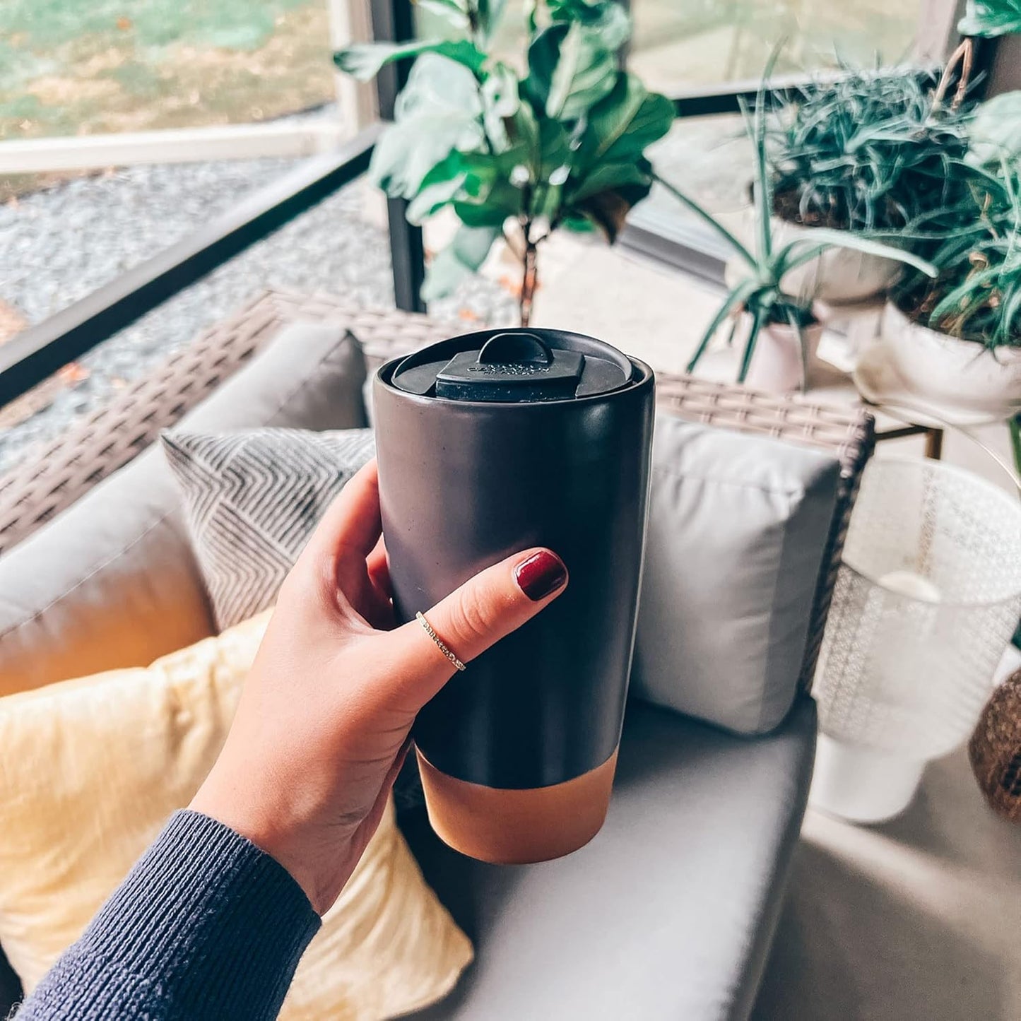 Double Wall Ceramic Coffee Travel Mug with Lid, 14 oz, Portable, Microwave, Dishwasher Safe, Insulated Reusable Tall Cup, Splash Resistant Lid - To Go Tumbler for Car Cup Holder, Dusty Blue