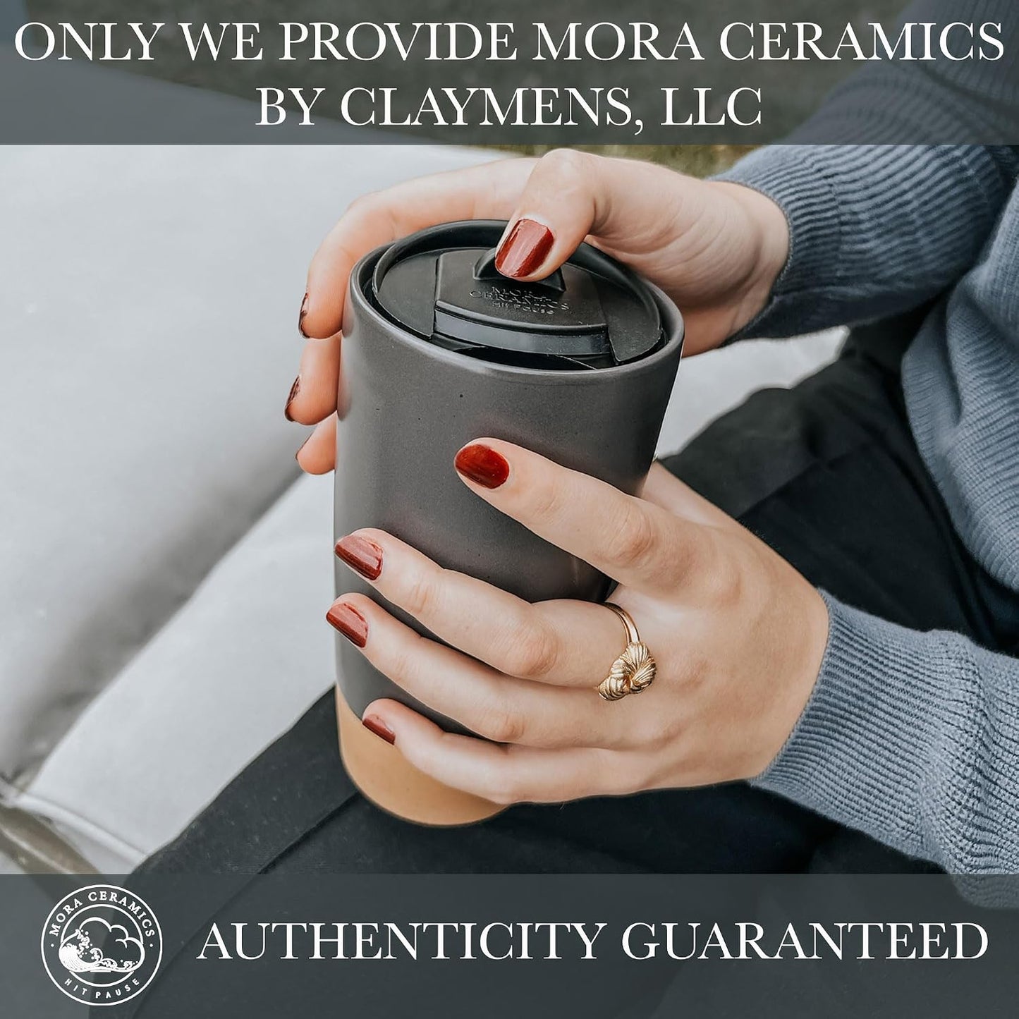 Double Wall Ceramic Coffee Travel Mug with Lid, 14 oz, Portable, Microwave, Dishwasher Safe, Insulated Reusable Tall Cup, Splash Resistant Lid - To Go Tumbler for Car Cup Holder, Dusty Blue