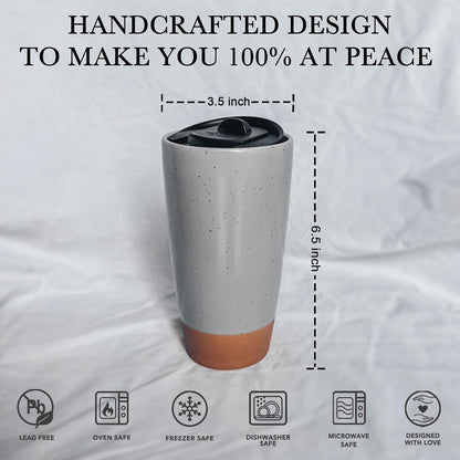Double Wall Ceramic Coffee Travel Mug with Lid, 14 oz, Portable, Microwave, Dishwasher Safe, Insulated Reusable Tall Cup, Splash Resistant Lid - To Go Tumbler for Car Cup Holder, Dusty Blue