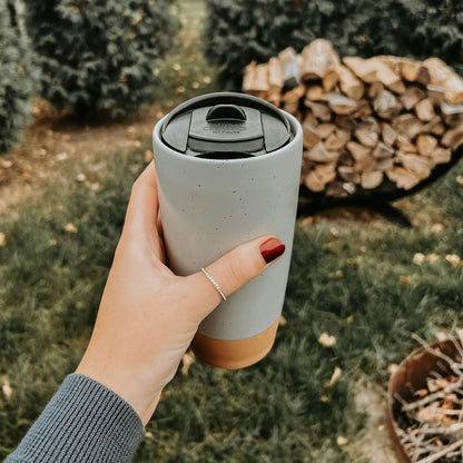 Double Wall Ceramic Coffee Travel Mug with Lid, 14 oz, Portable, Microwave, Dishwasher Safe, Insulated Reusable Tall Cup, Splash Resistant Lid - To Go Tumbler for Car Cup Holder, Dusty Blue