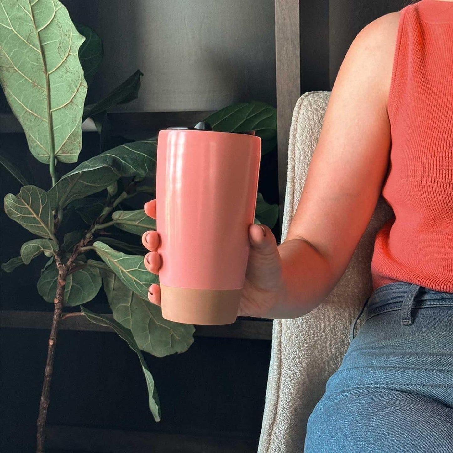 Double Wall Ceramic Coffee Travel Mug with Lid, 14 oz, Portable, Microwave, Dishwasher Safe, Insulated Reusable Tall Cup, Splash Resistant Lid - To Go Tumbler for Car Cup Holder, Dusty Blue