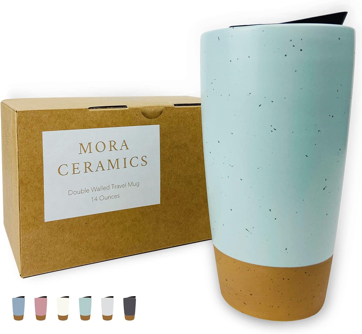 Double Wall Ceramic Coffee Travel Mug with Lid, 14 oz, Portable, Microwave, Dishwasher Safe, Insulated Reusable Tall Cup, Splash Resistant Lid - To Go Tumbler for Car Cup Holder, Dusty Blue