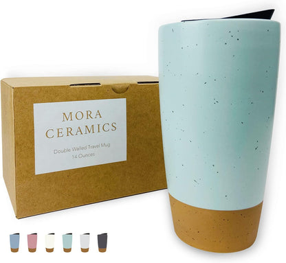 Double Wall Ceramic Coffee Travel Mug with Lid, 14 oz, Portable, Microwave, Dishwasher Safe, Insulated Reusable Tall Cup, Splash Resistant Lid - To Go Tumbler for Car Cup Holder, Dusty Blue