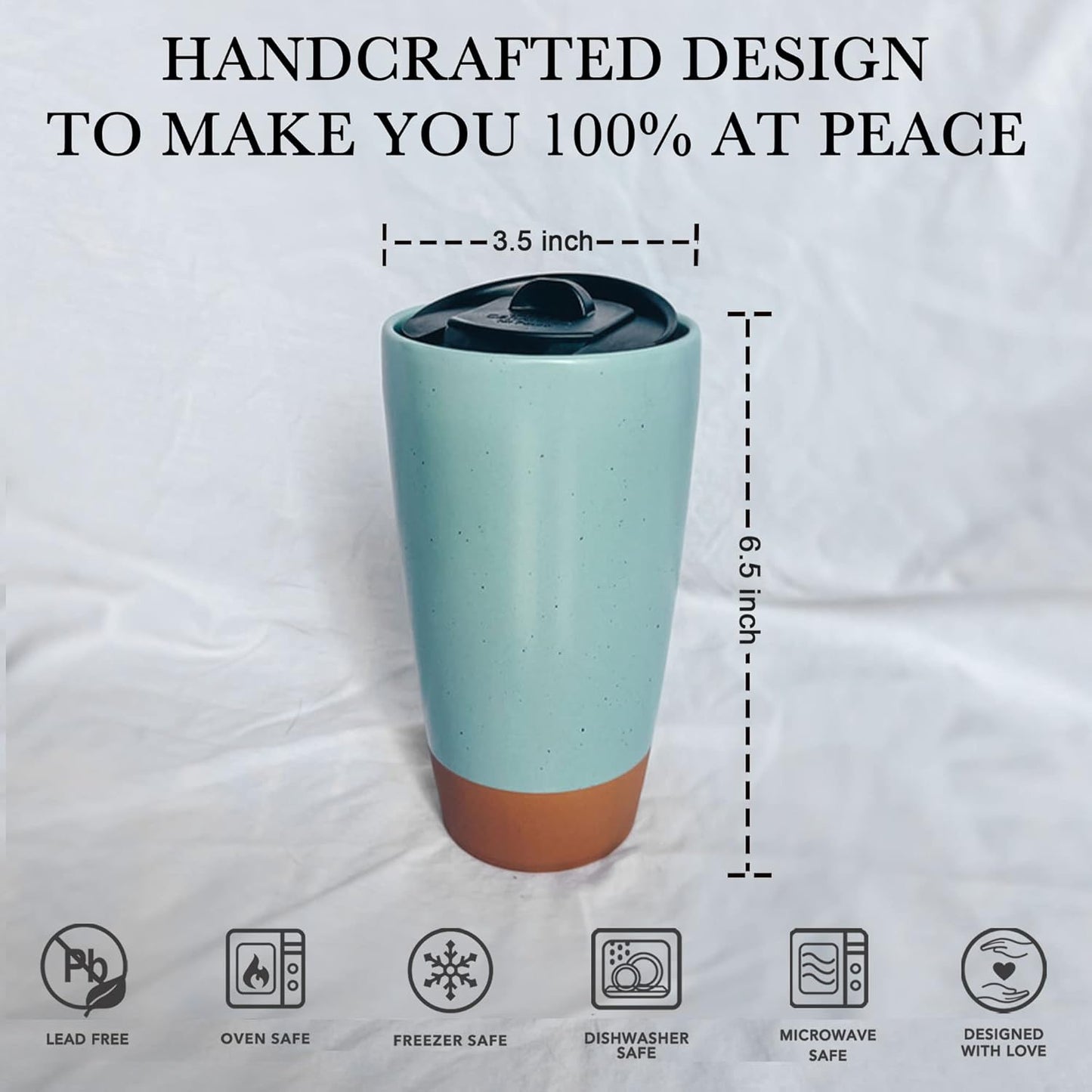 Double Wall Ceramic Coffee Travel Mug with Lid, 14 oz, Portable, Microwave, Dishwasher Safe, Insulated Reusable Tall Cup, Splash Resistant Lid - To Go Tumbler for Car Cup Holder, Dusty Blue