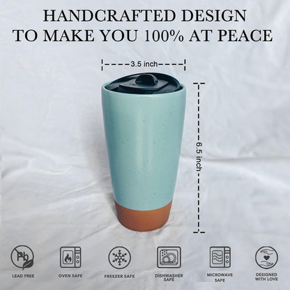 Double Wall Ceramic Coffee Travel Mug with Lid, 14 oz, Portable, Microwave, Dishwasher Safe, Insulated Reusable Tall Cup, Splash Resistant Lid - To Go Tumbler for Car Cup Holder, Dusty Blue