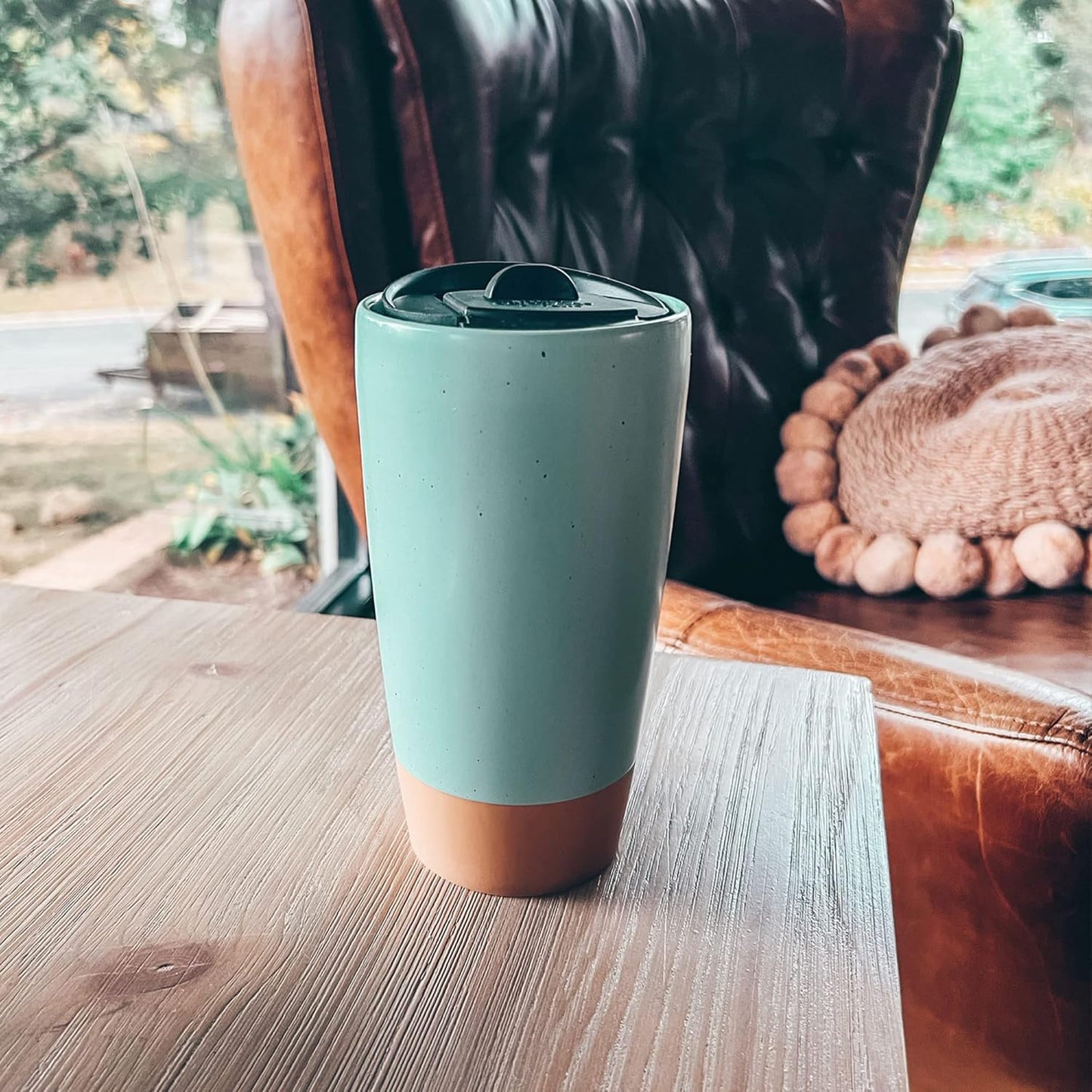 Double Wall Ceramic Coffee Travel Mug with Lid, 14 oz, Portable, Microwave, Dishwasher Safe, Insulated Reusable Tall Cup, Splash Resistant Lid - To Go Tumbler for Car Cup Holder, Dusty Blue