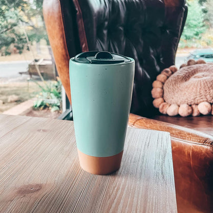 Double Wall Ceramic Coffee Travel Mug with Lid, 14 oz, Portable, Microwave, Dishwasher Safe, Insulated Reusable Tall Cup, Splash Resistant Lid - To Go Tumbler for Car Cup Holder, Dusty Blue