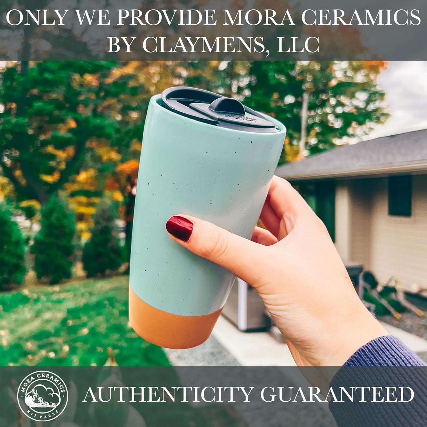 Double Wall Ceramic Coffee Travel Mug with Lid, 14 oz, Portable, Microwave, Dishwasher Safe, Insulated Reusable Tall Cup, Splash Resistant Lid - To Go Tumbler for Car Cup Holder, Dusty Blue