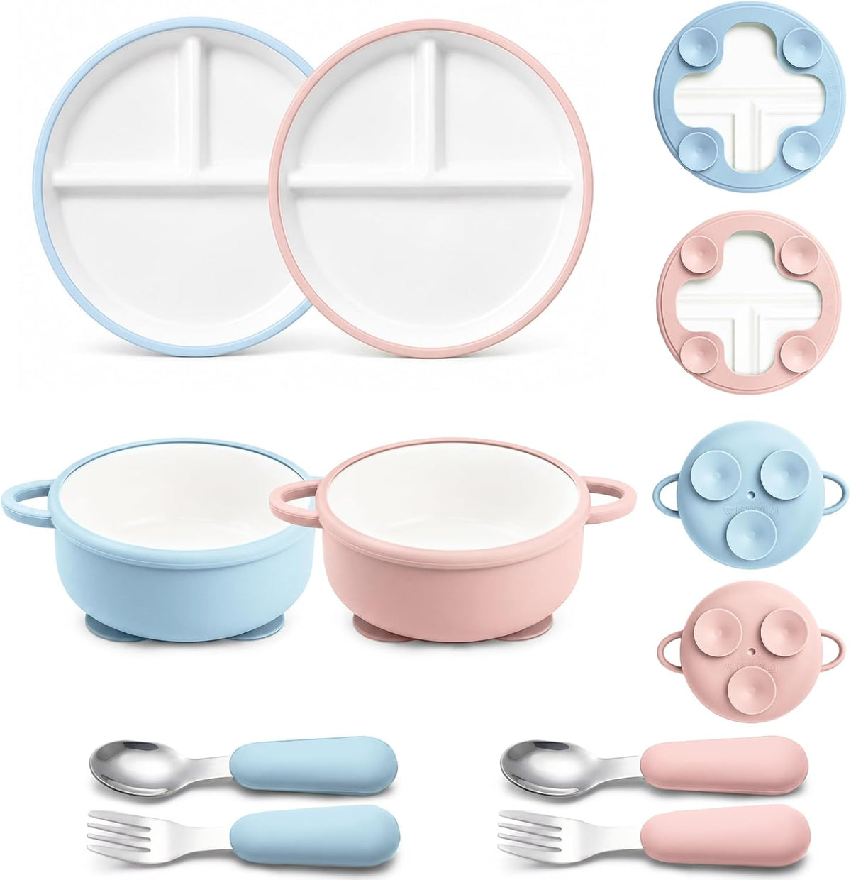 8 Pcs Ceramic Baby Plates Set with Suction Sleeves, Spoons & Forks
