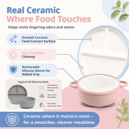 8 Pcs Ceramic Baby Plates Set with Suction Sleeves, Spoons & Forks