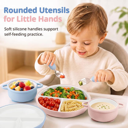 8 Pcs Ceramic Baby Plates Set with Suction Sleeves, Spoons & Forks