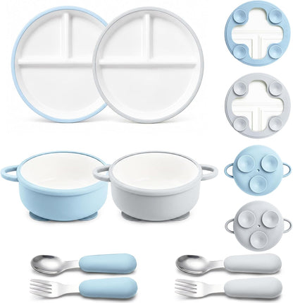 8 Pcs Ceramic Baby Plates Set with Suction Sleeves, Spoons & Forks
