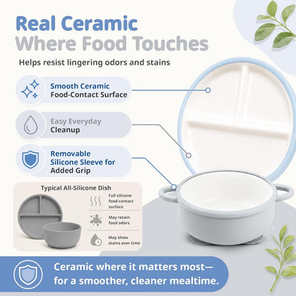 8 Pcs Ceramic Baby Plates Set with Suction Sleeves, Spoons & Forks