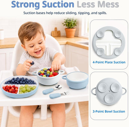 8 Pcs Ceramic Baby Plates Set with Suction Sleeves, Spoons & Forks