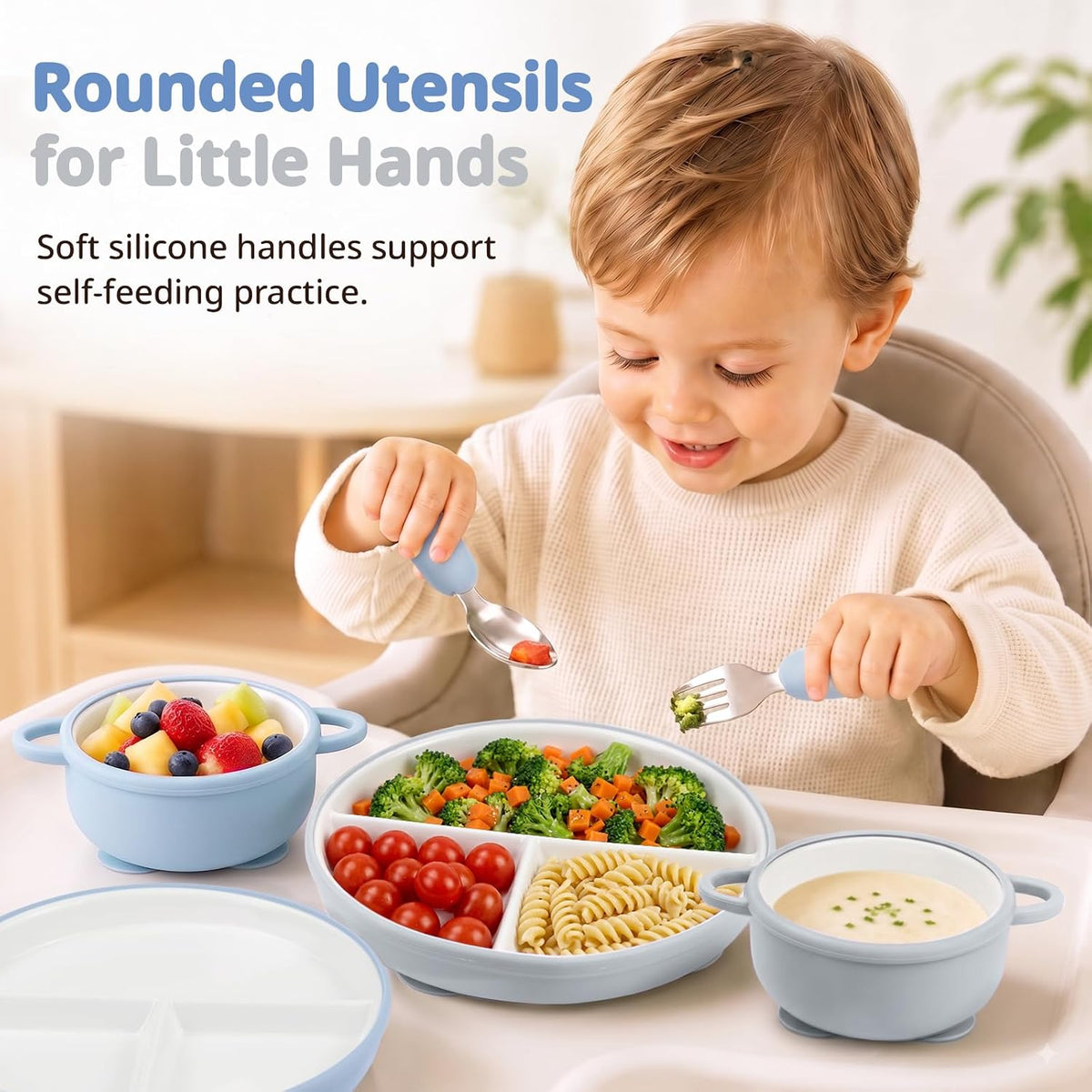 8 Pcs Ceramic Baby Plates Set with Suction Sleeves, Spoons & Forks