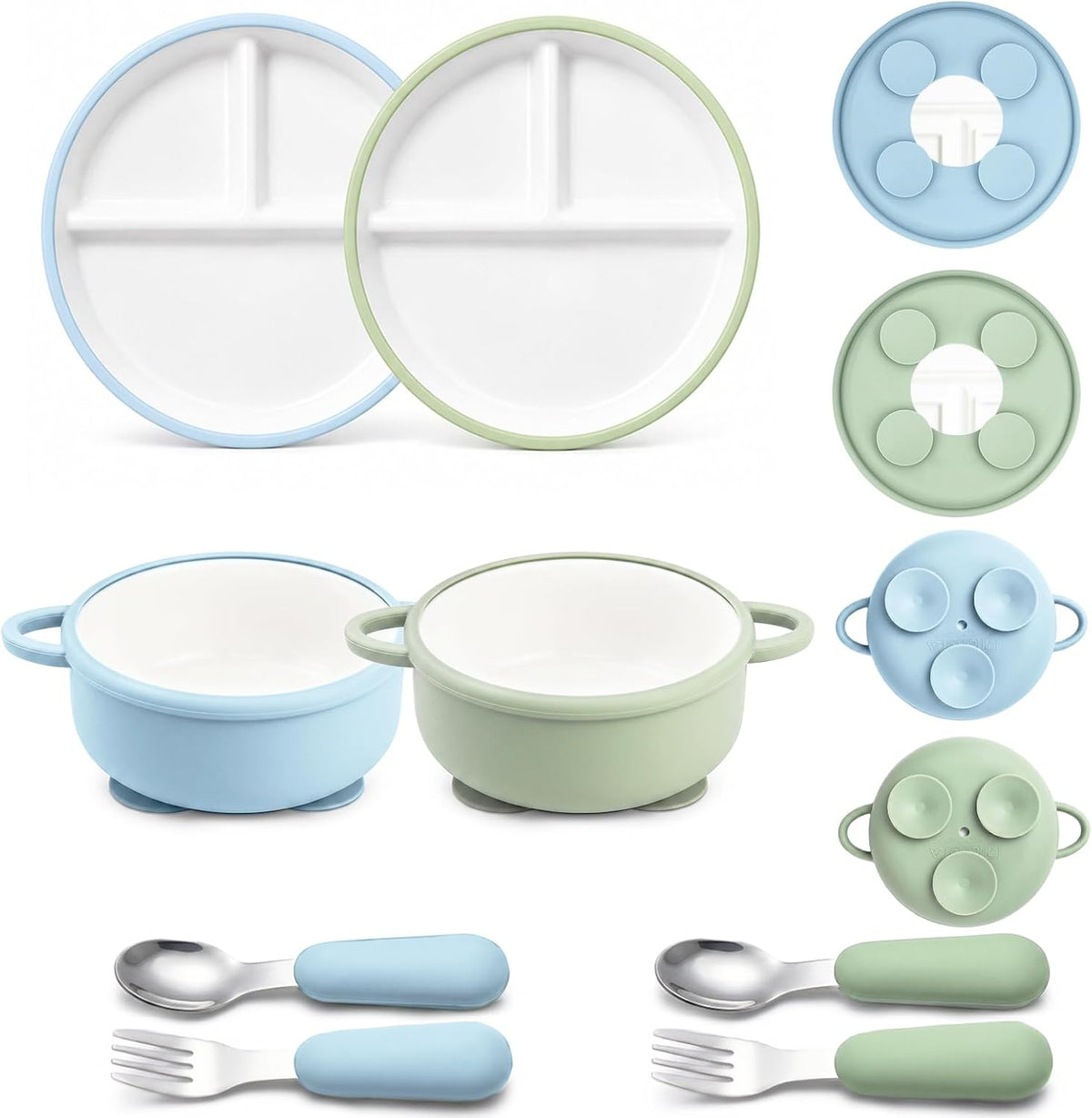 8 Pcs Ceramic Baby Plates Set with Suction Sleeves, Spoons & Forks
