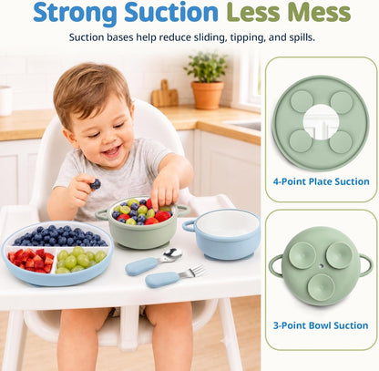 8 Pcs Ceramic Baby Plates Set with Suction Sleeves, Spoons & Forks
