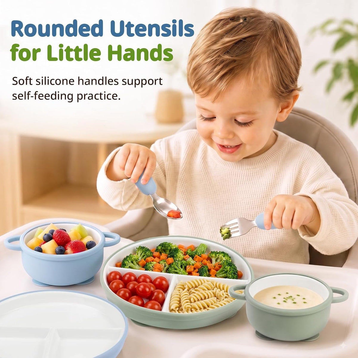 8 Pcs Ceramic Baby Plates Set with Suction Sleeves, Spoons & Forks