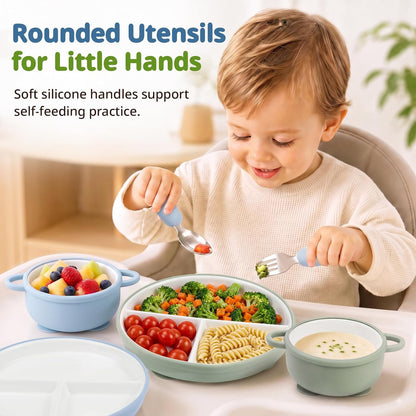 8 Pcs Ceramic Baby Plates Set with Suction Sleeves, Spoons & Forks