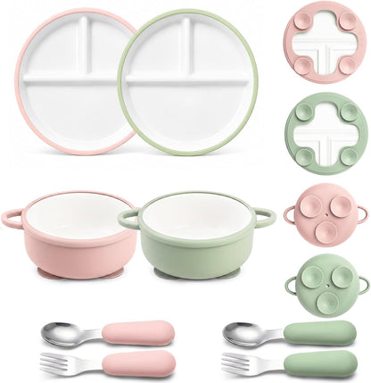 8 Pcs Ceramic Baby Plates Set with Suction Sleeves, Spoons & Forks