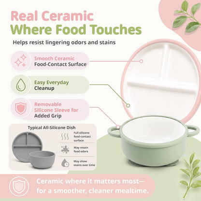 8 Pcs Ceramic Baby Plates Set with Suction Sleeves, Spoons & Forks