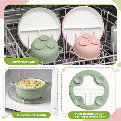 8 Pcs Ceramic Baby Plates Set with Suction Sleeves, Spoons & Forks