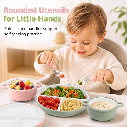 8 Pcs Ceramic Baby Plates Set with Suction Sleeves, Spoons & Forks