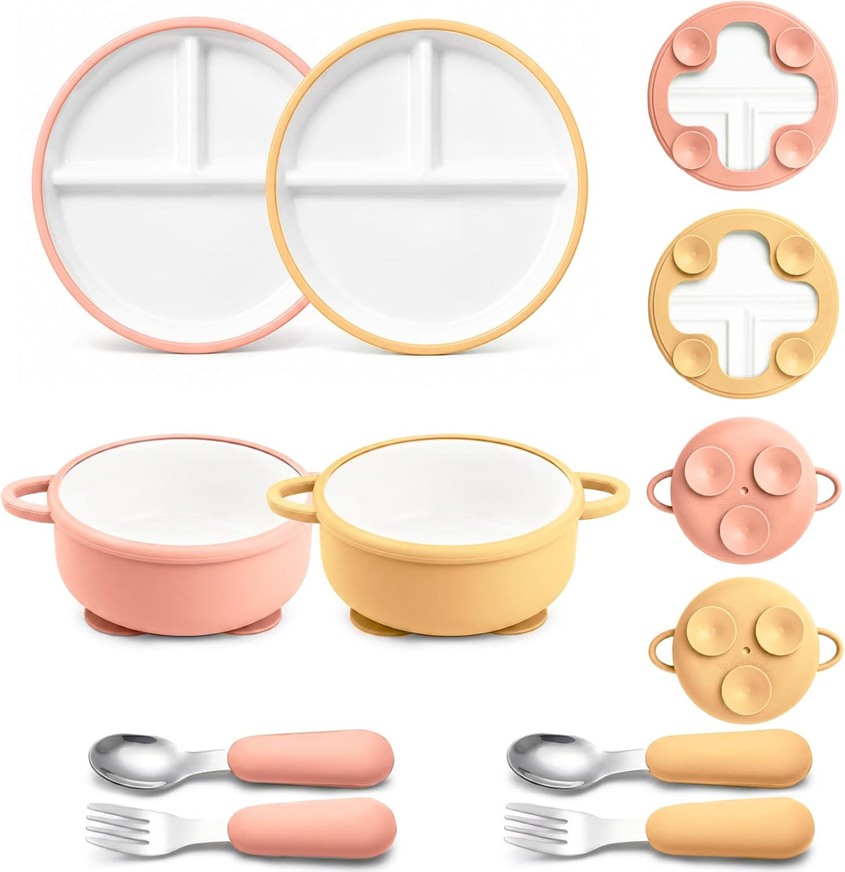 8 Pcs Ceramic Baby Plates Set with Suction Sleeves, Spoons & Forks