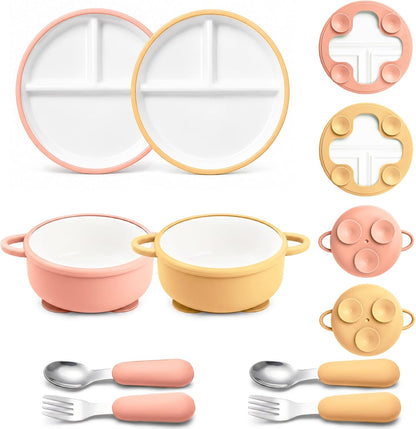 8 Pcs Ceramic Baby Plates Set with Suction Sleeves, Spoons & Forks