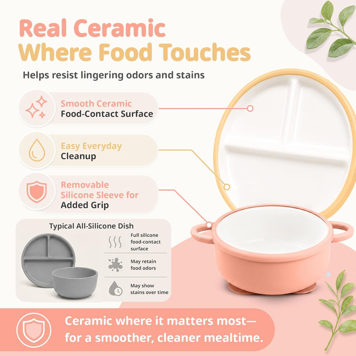 8 Pcs Ceramic Baby Plates Set with Suction Sleeves, Spoons & Forks