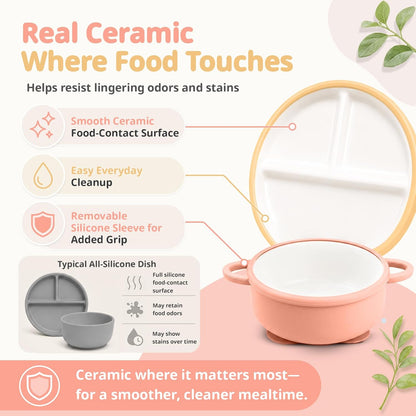 8 Pcs Ceramic Baby Plates Set with Suction Sleeves, Spoons & Forks