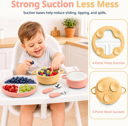 8 Pcs Ceramic Baby Plates Set with Suction Sleeves, Spoons & Forks