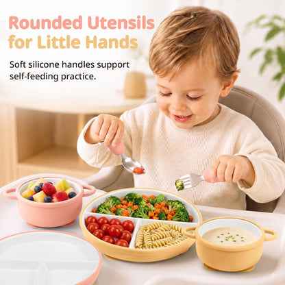 8 Pcs Ceramic Baby Plates Set with Suction Sleeves, Spoons & Forks
