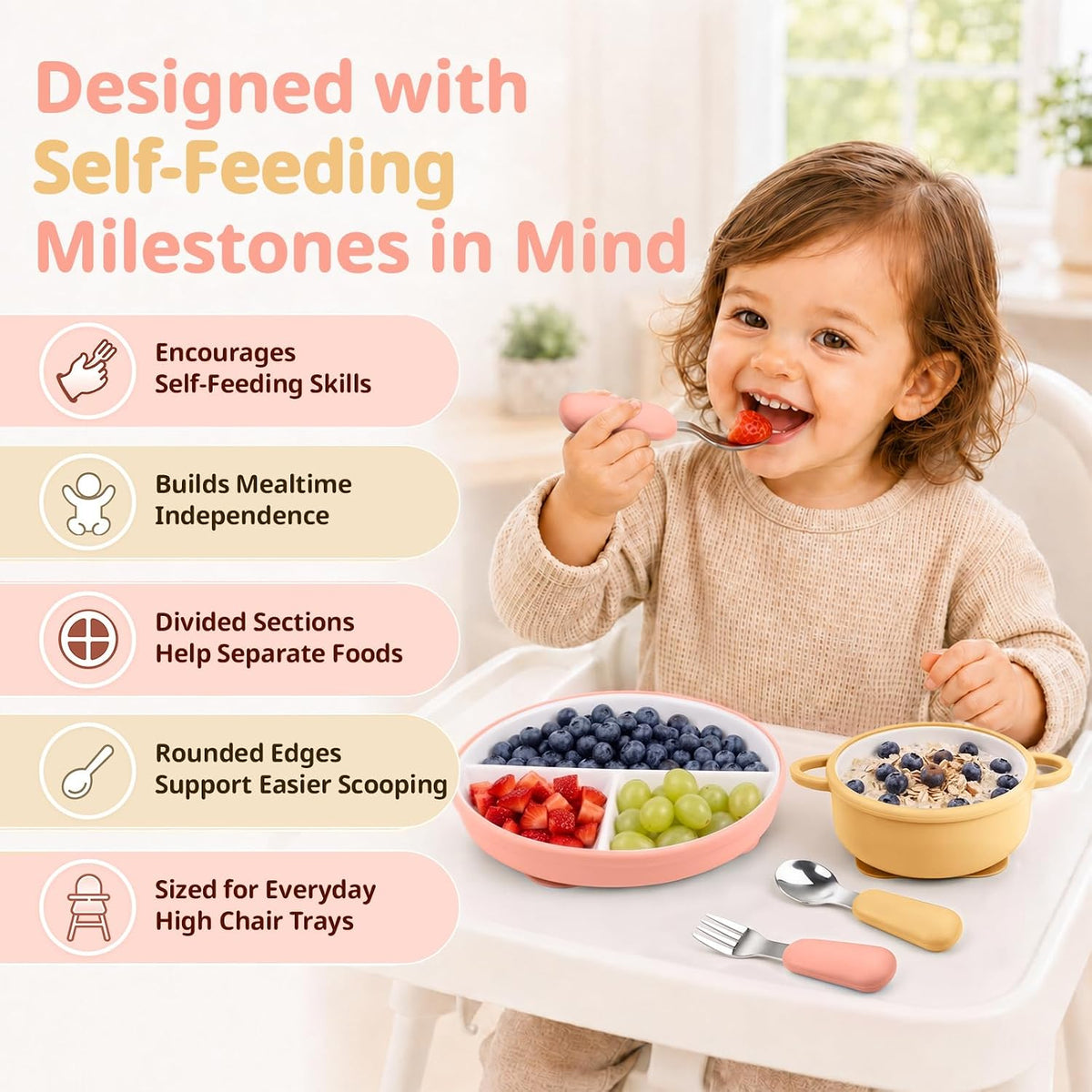 8 Pcs Ceramic Baby Plates Set with Suction Sleeves, Spoons & Forks
