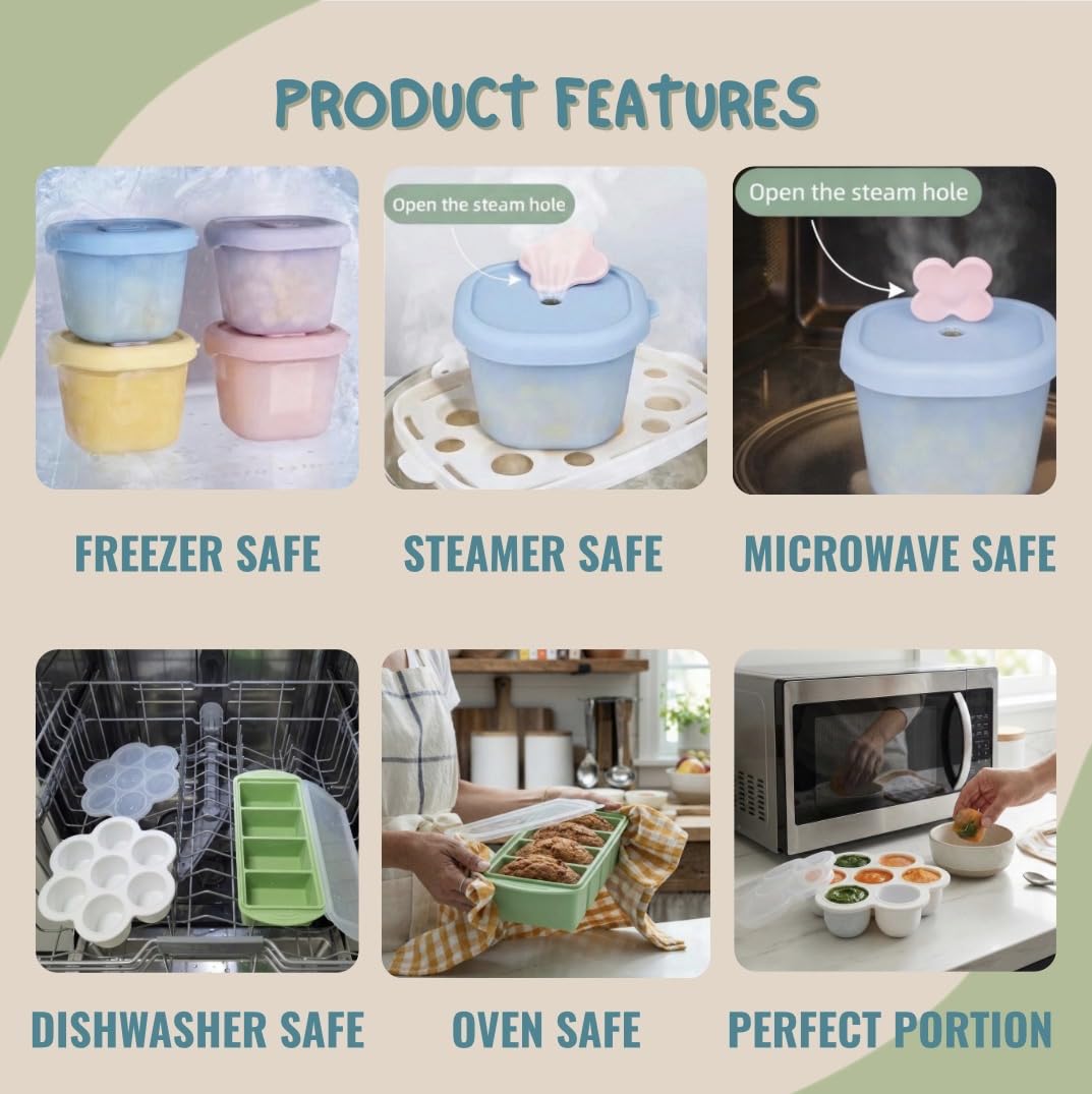 Baby Food Prep System- Silicone Freezer Tray, Toddler Soup Tray, Food Storage Cups w/Straw, Reusable Baby Food Squeeze Pouches- BPA Free, Food Grade Silicone, Eco-Friendly Food Storage Set